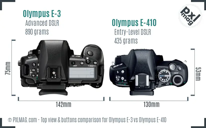 Olympus E-3 vs Olympus E-410 top view buttons comparison