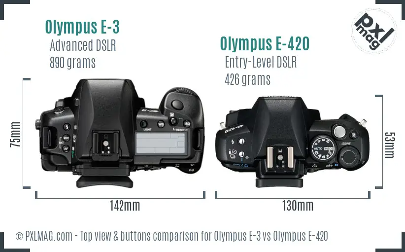 Olympus E-3 vs Olympus E-420 top view buttons comparison