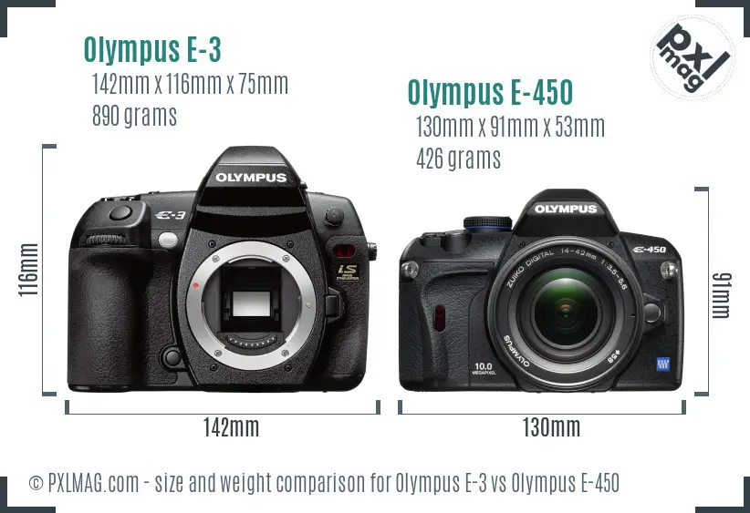 Olympus E-3 vs Olympus E-450 size comparison