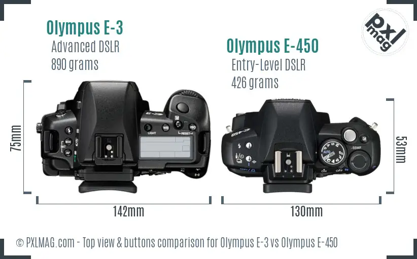 Olympus E-3 vs Olympus E-450 top view buttons comparison