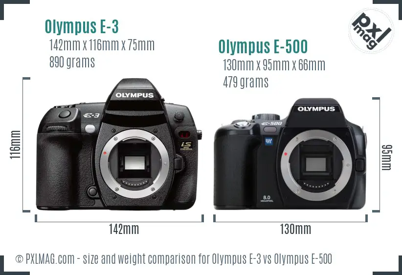 Olympus E-3 vs Olympus E-500 size comparison