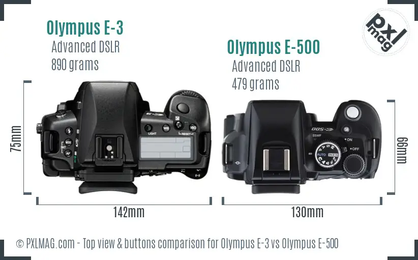 Olympus E-3 vs Olympus E-500 top view buttons comparison