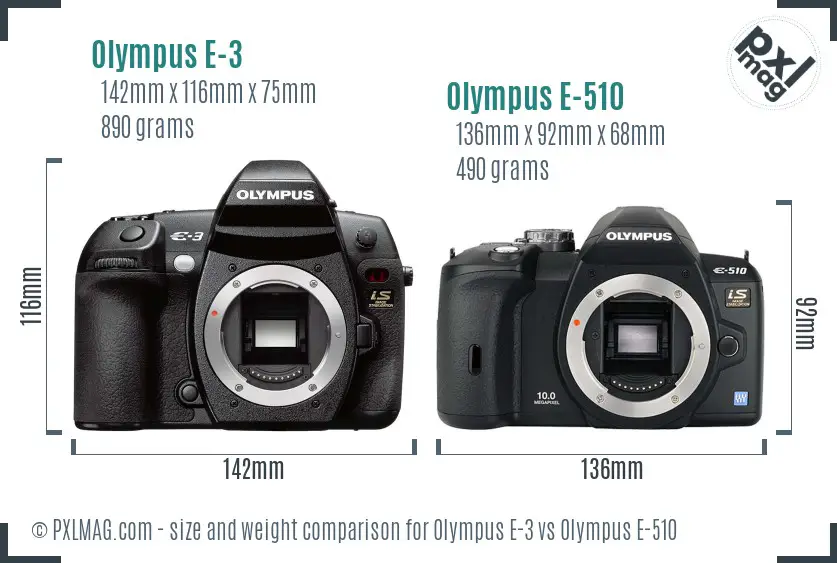 Olympus E-3 vs Olympus E-510 size comparison