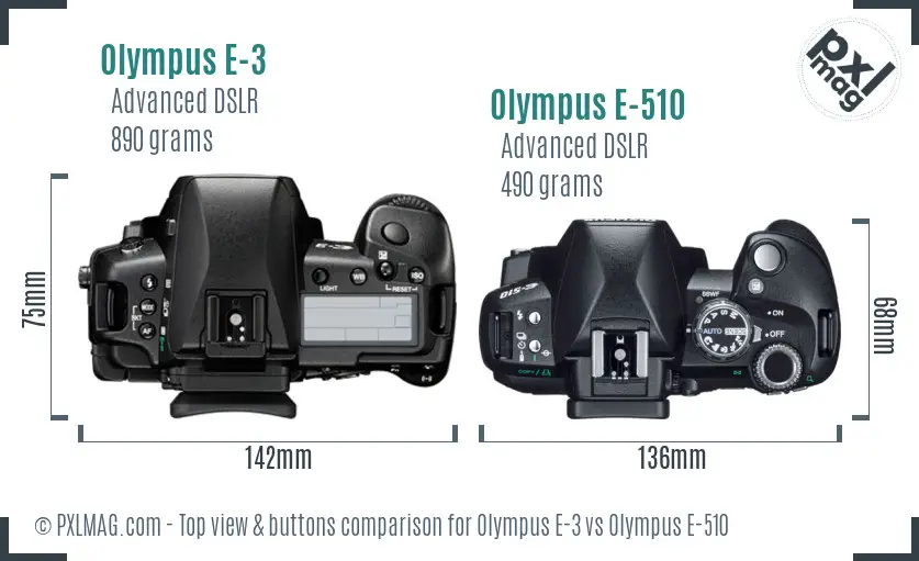 Olympus E-3 vs Olympus E-510 top view buttons comparison