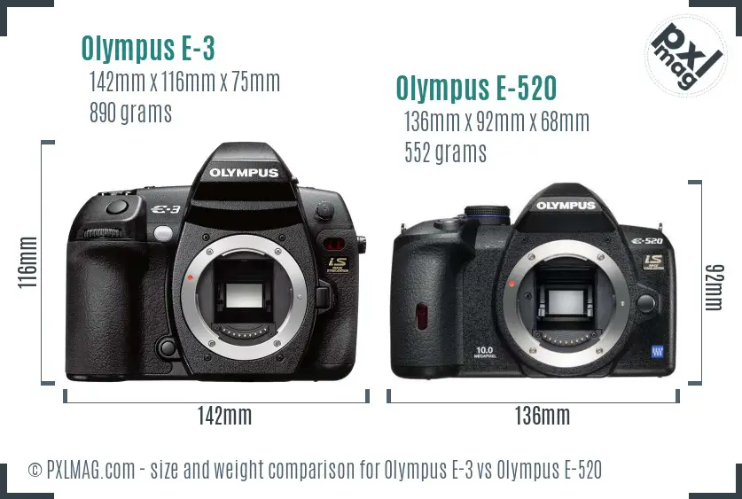 Olympus E-3 vs Olympus E-520 size comparison