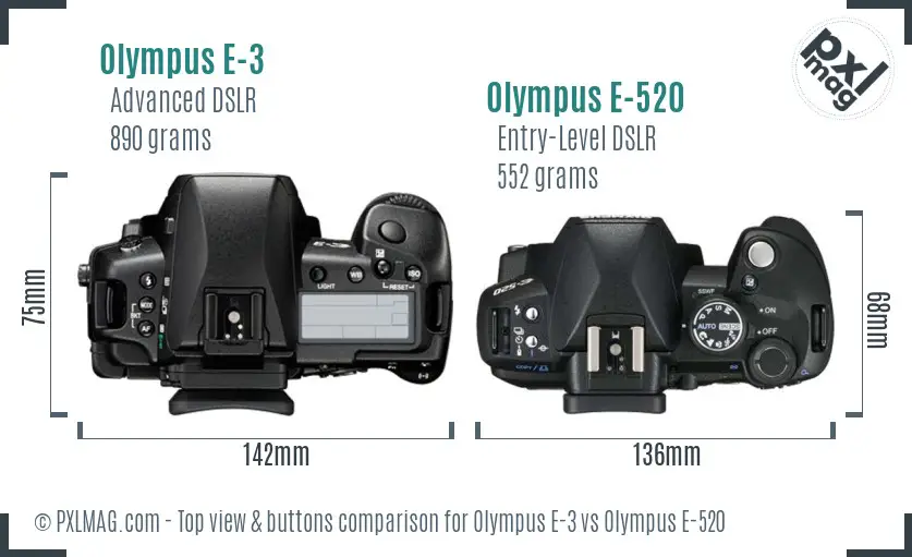 Olympus E-3 vs Olympus E-520 top view buttons comparison