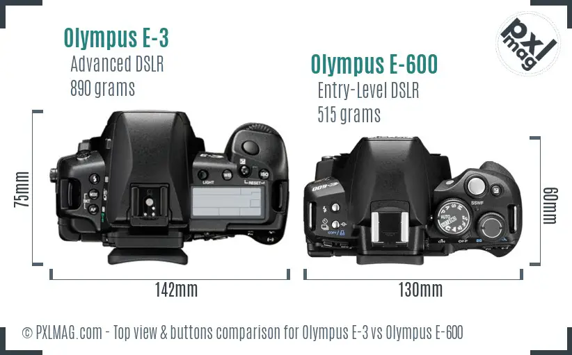 Olympus E-3 vs Olympus E-600 top view buttons comparison