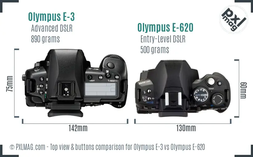 Olympus E-3 vs Olympus E-620 top view buttons comparison