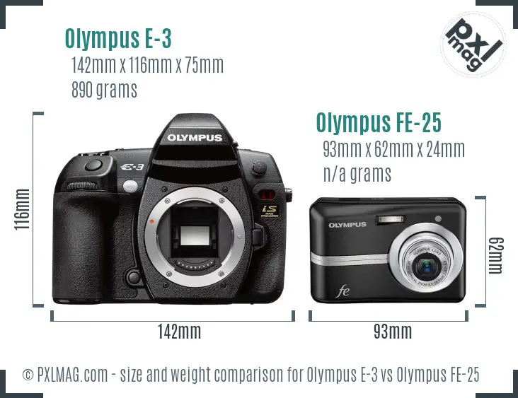 Olympus E-3 vs Olympus FE-25 size comparison