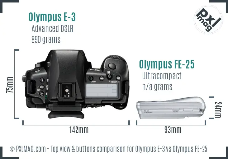 Olympus E-3 vs Olympus FE-25 top view buttons comparison