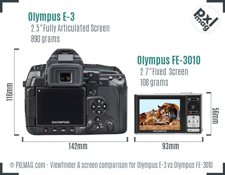 Olympus E-3 vs Olympus FE-3010 Screen and Viewfinder comparison