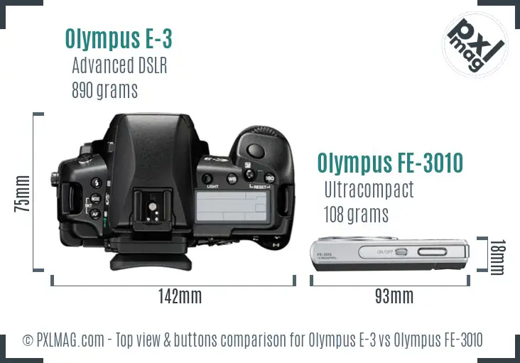 Olympus E-3 vs Olympus FE-3010 top view buttons comparison
