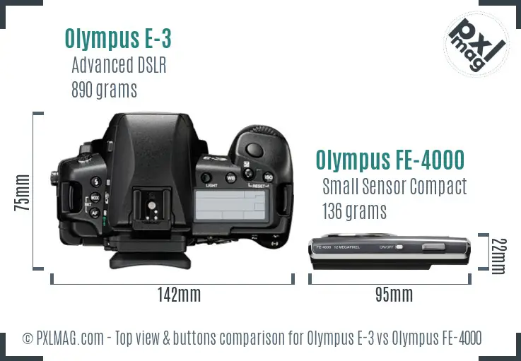 Olympus E-3 vs Olympus FE-4000 top view buttons comparison