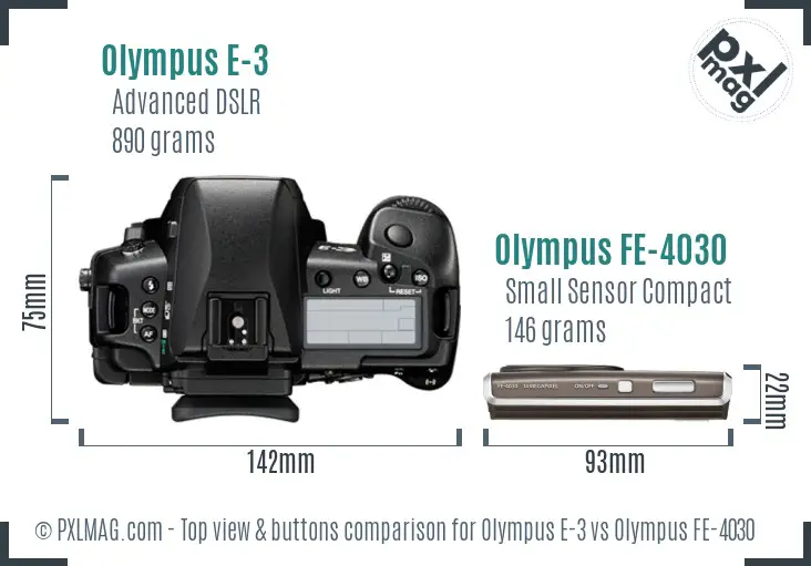 Olympus E-3 vs Olympus FE-4030 top view buttons comparison