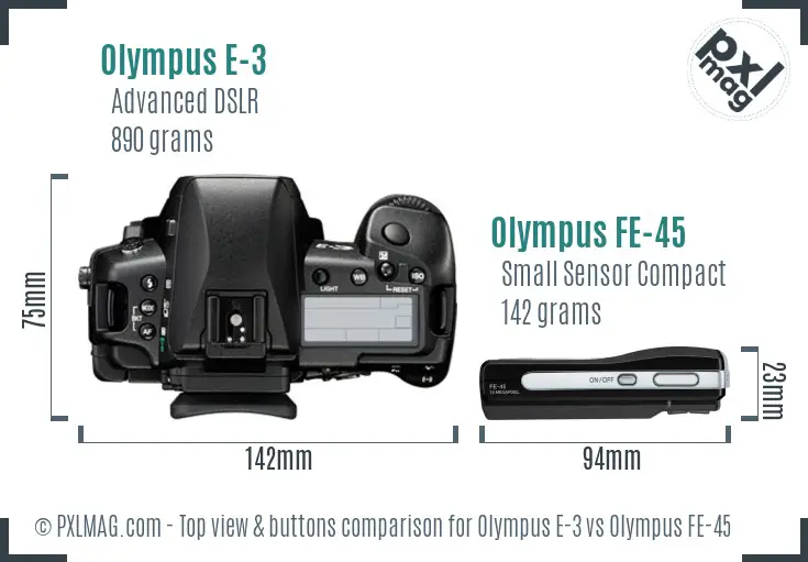 Olympus E-3 vs Olympus FE-45 top view buttons comparison