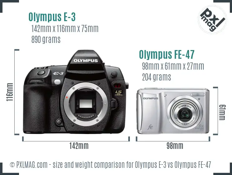 Olympus E-3 vs Olympus FE-47 size comparison