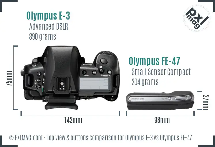 Olympus E-3 vs Olympus FE-47 top view buttons comparison