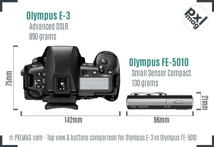 Olympus E-3 vs Olympus FE-5010 top view buttons comparison