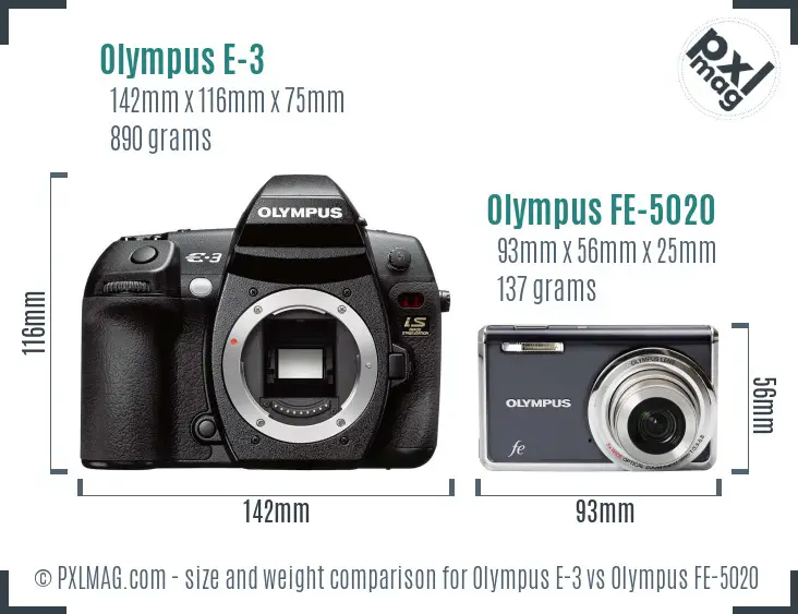 Olympus E-3 vs Olympus FE-5020 size comparison