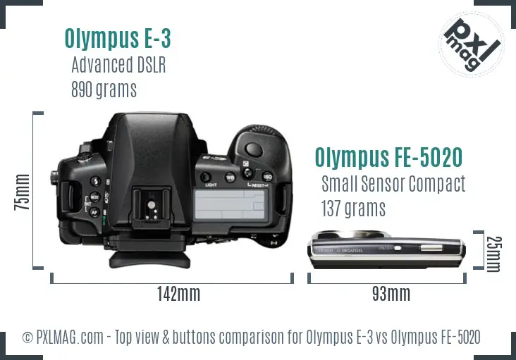 Olympus E-3 vs Olympus FE-5020 top view buttons comparison