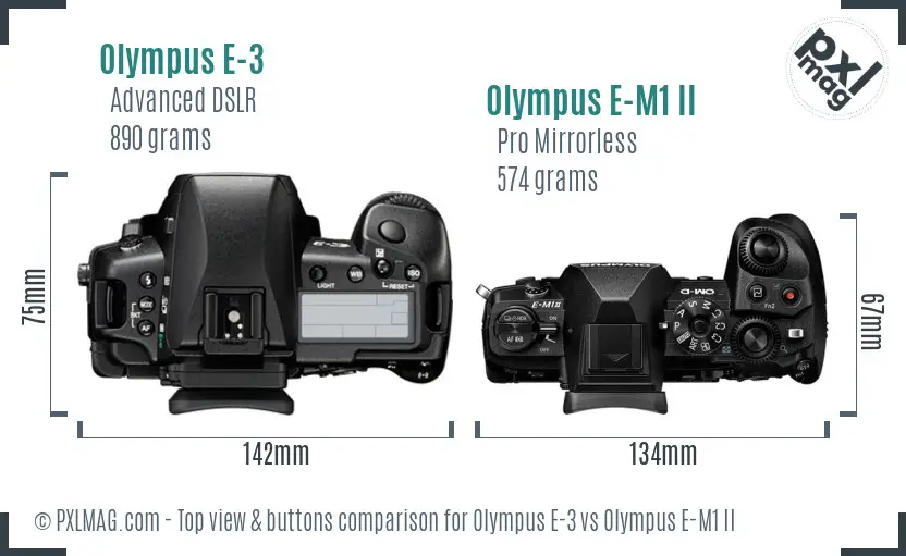Olympus E-3 vs Olympus E-M1 II top view buttons comparison