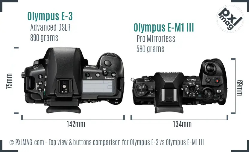 Olympus E-3 vs Olympus E-M1 III top view buttons comparison