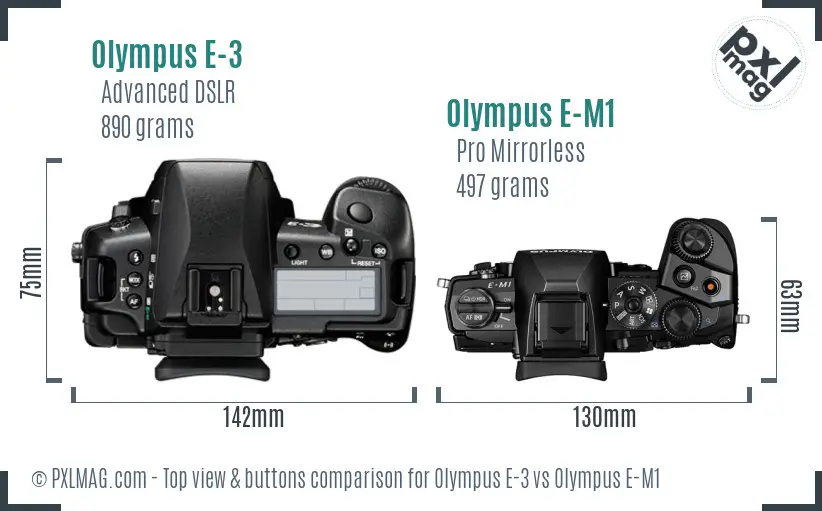 Olympus E-3 vs Olympus E-M1 top view buttons comparison