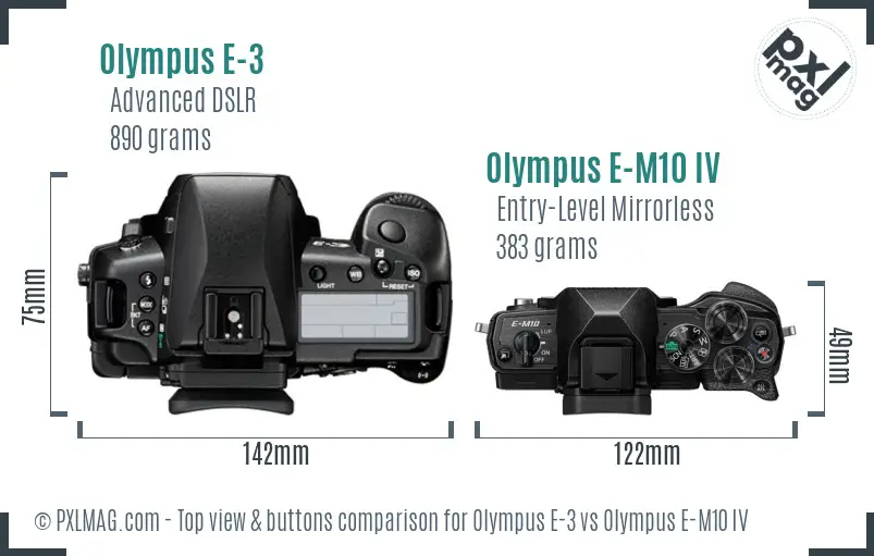 Olympus E-3 vs Olympus E-M10 IV top view buttons comparison