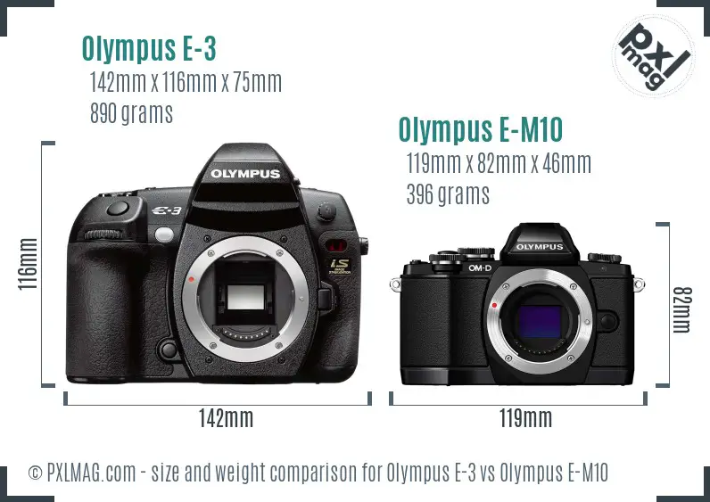 Olympus E-3 vs Olympus E-M10 size comparison