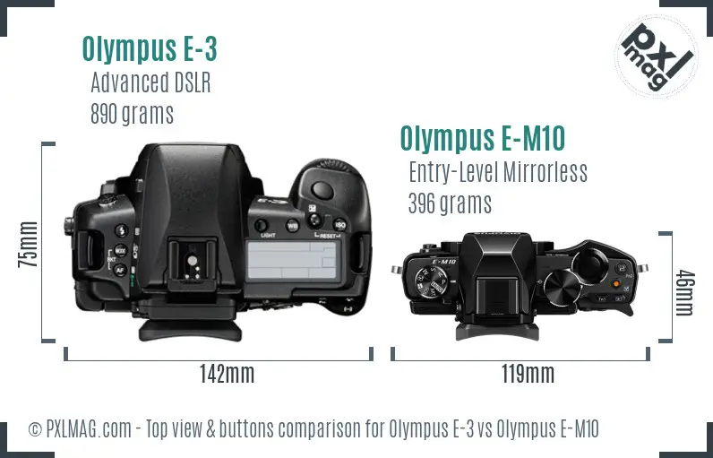 Olympus E-3 vs Olympus E-M10 top view buttons comparison