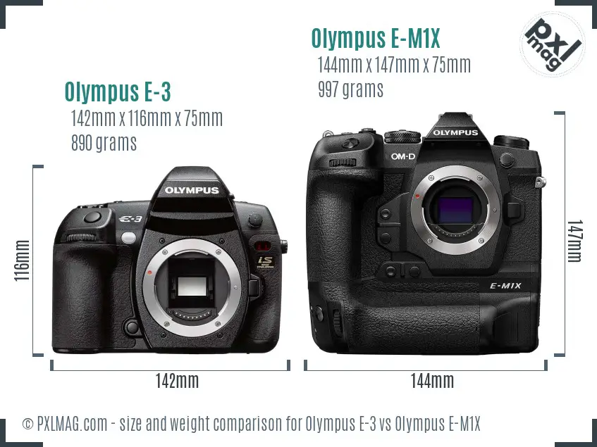 Olympus E-3 vs Olympus E-M1X size comparison