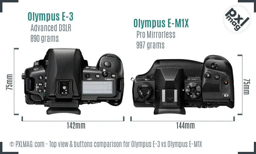 Olympus E-3 vs Olympus E-M1X top view buttons comparison