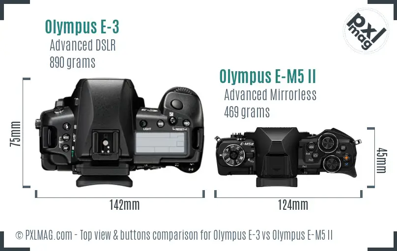 Olympus E-3 vs Olympus E-M5 II top view buttons comparison