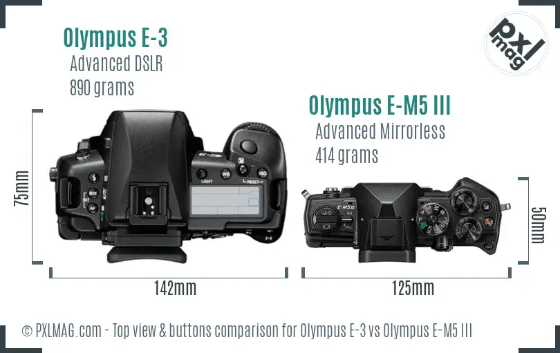 Olympus E-3 vs Olympus E-M5 III top view buttons comparison