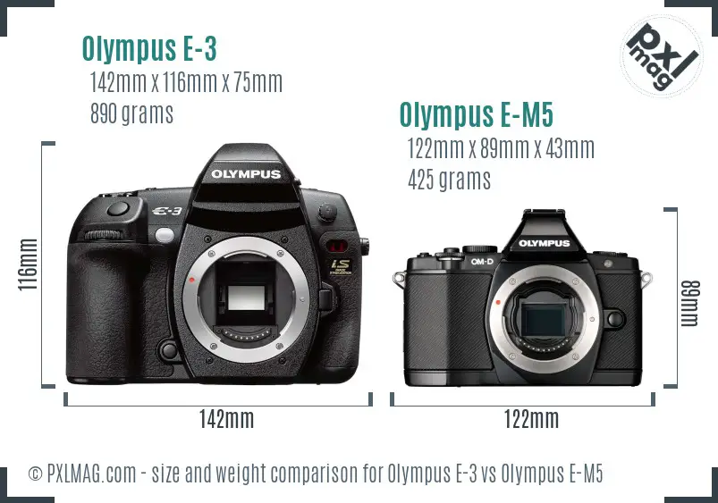 Olympus E-3 vs Olympus E-M5 size comparison