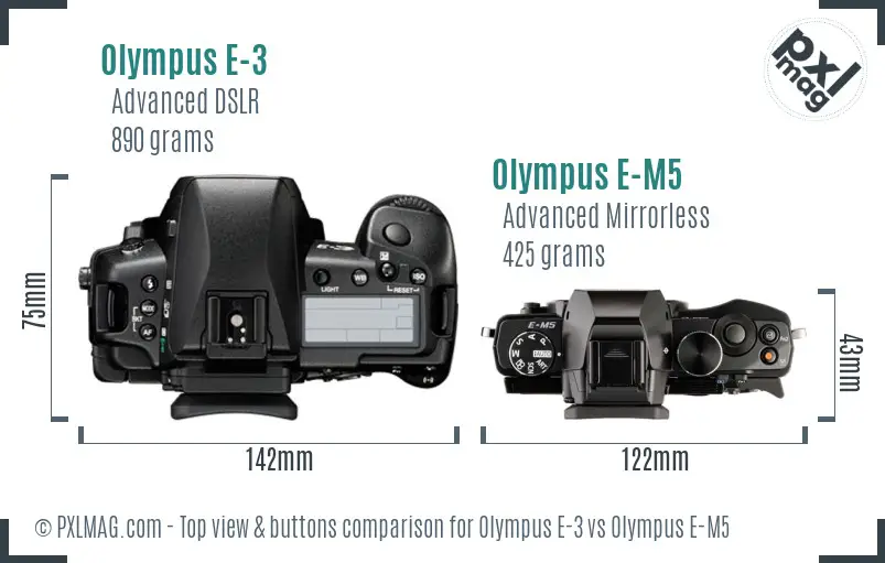 Olympus E-3 vs Olympus E-M5 top view buttons comparison