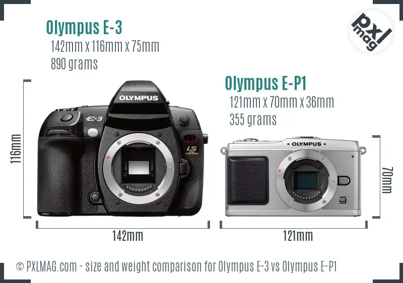 Olympus E-3 vs Olympus E-P1 size comparison