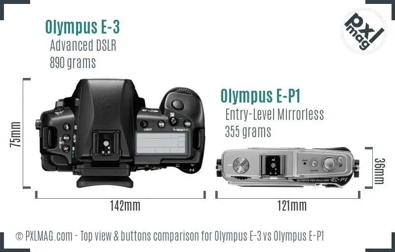 Olympus E-3 vs Olympus E-P1 top view buttons comparison