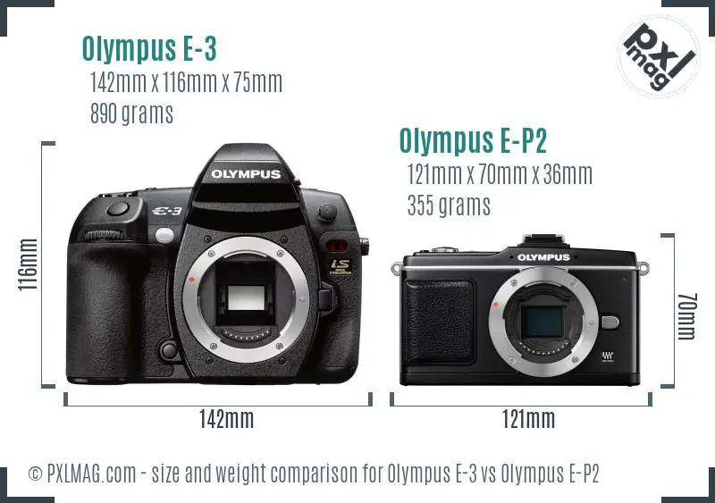 Olympus E-3 vs Olympus E-P2 size comparison