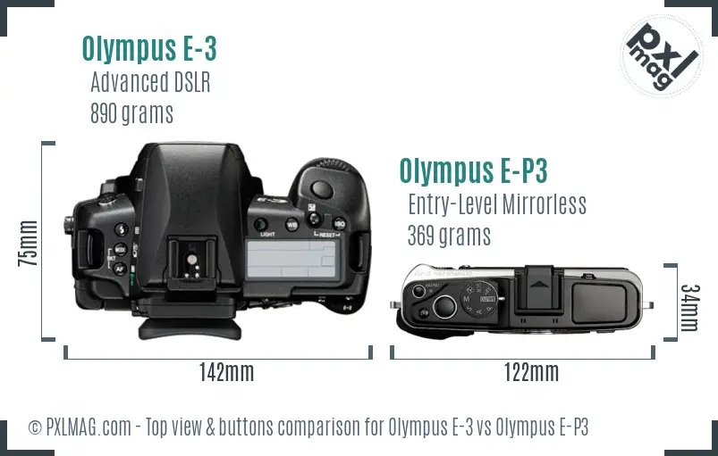 Olympus E-3 vs Olympus E-P3 top view buttons comparison