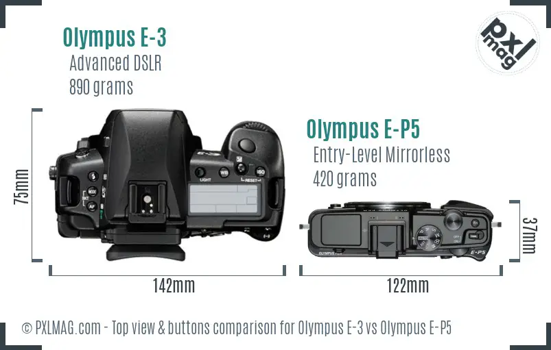 Olympus E-3 vs Olympus E-P5 top view buttons comparison