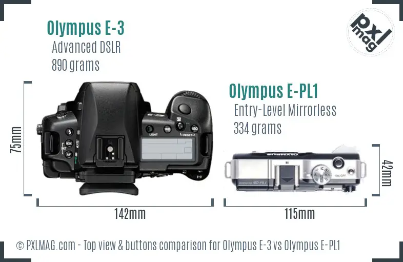 Olympus E-3 vs Olympus E-PL1 top view buttons comparison