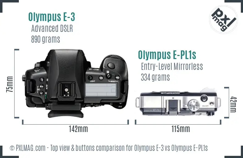Olympus E-3 vs Olympus E-PL1s top view buttons comparison