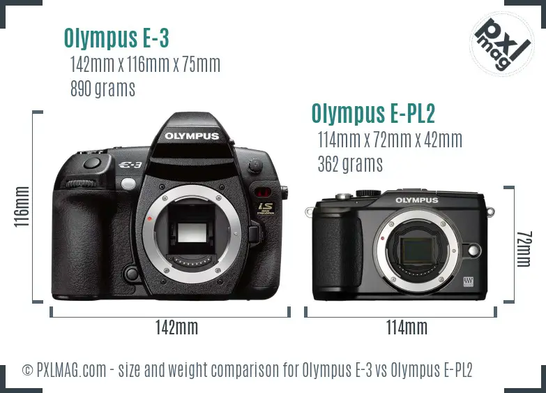 Olympus E-3 vs Olympus E-PL2 size comparison
