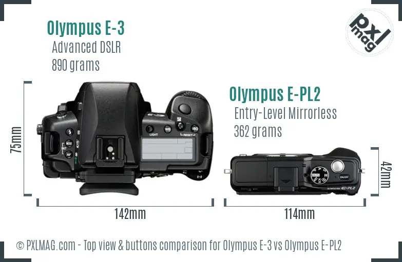 Olympus E-3 vs Olympus E-PL2 top view buttons comparison