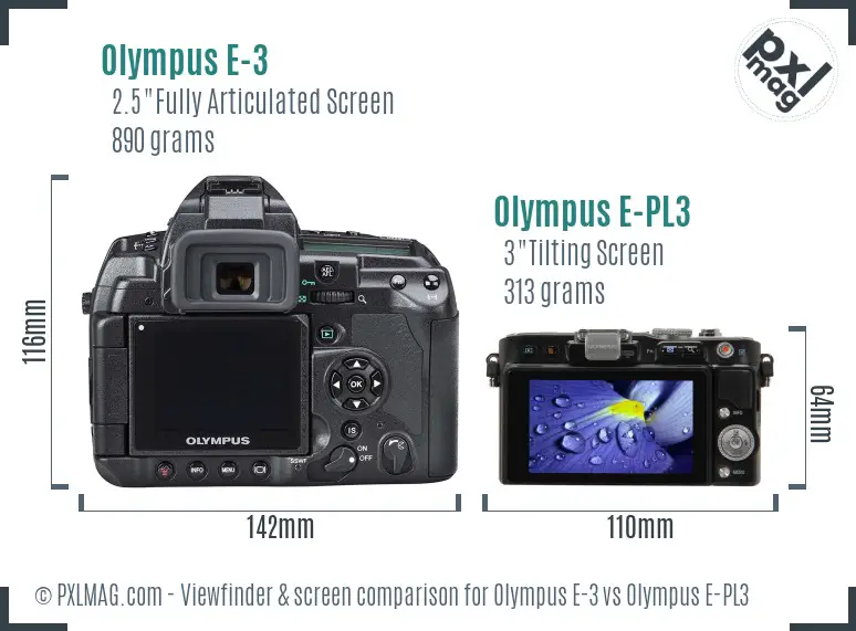 Olympus E-3 vs Olympus E-PL3 Screen and Viewfinder comparison