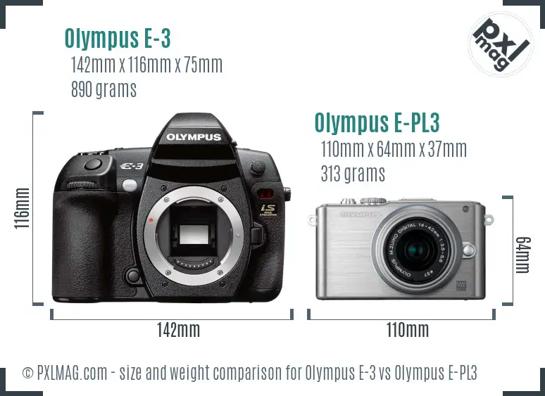 Olympus E-3 vs Olympus E-PL3 size comparison
