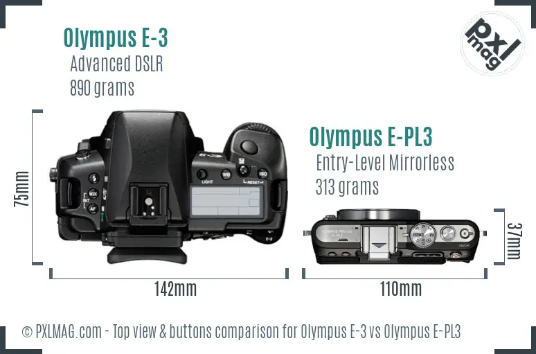 Olympus E-3 vs Olympus E-PL3 top view buttons comparison