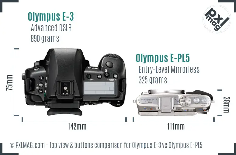 Olympus E-3 vs Olympus E-PL5 top view buttons comparison