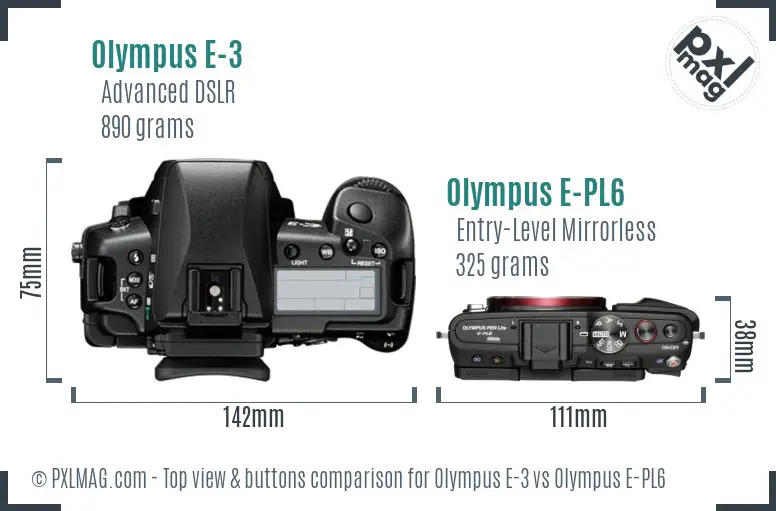 Olympus E-3 vs Olympus E-PL6 top view buttons comparison